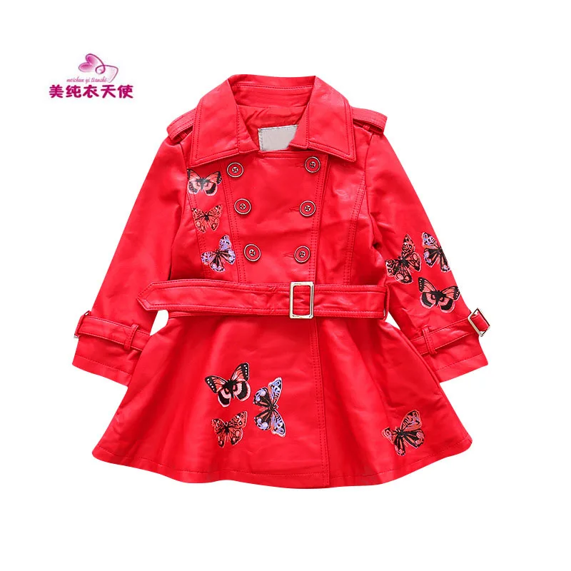 

Girls PU Leather Jacket 2017 Autumn Winter Kids Butterfly Printing Long Leather Coat Fashion Children Clothing 4 6 8 10 12 Years