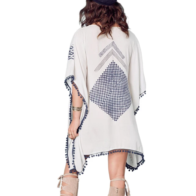 Sun Protection Cardigan Beach Blouse Holiday Wear Beach Coverup Bikini Rayon Printed Floral Small Ball Loose Beach Dress Blouse 1