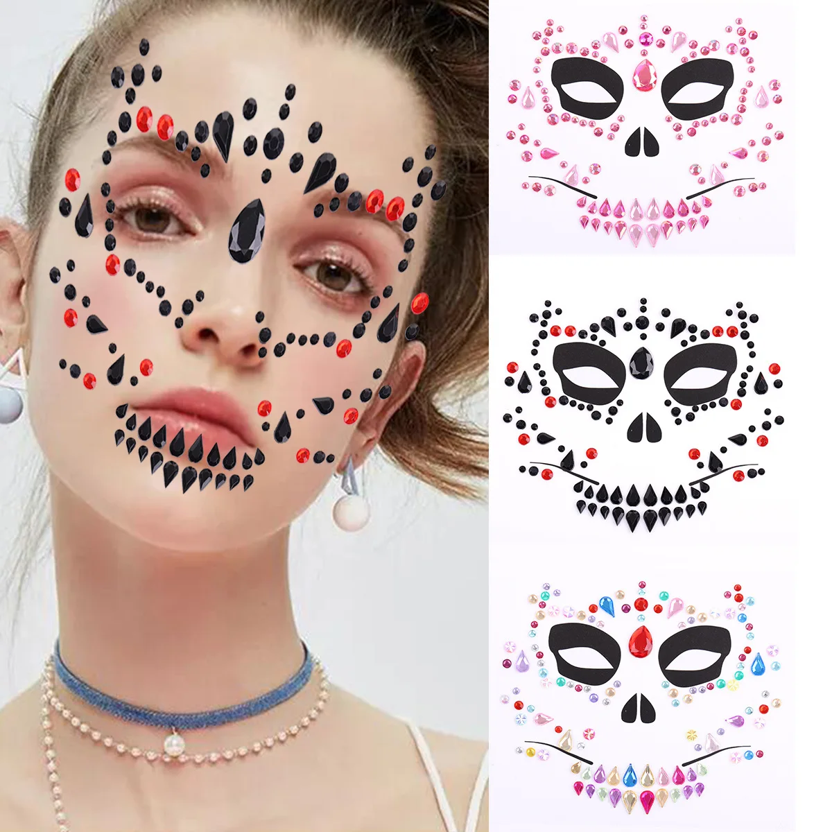 

1Pc Halloween Face Terrorist Acrylic Drill Tattoo Environmental Masquerade Women Make-up Face Jewel Body Art Skull Face Stickers