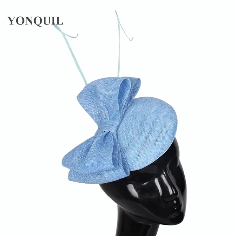 

Lady bowknot adorn hat imitation linen Fascinator base imitation ostrich quill elegant women millinery hair accessories headband