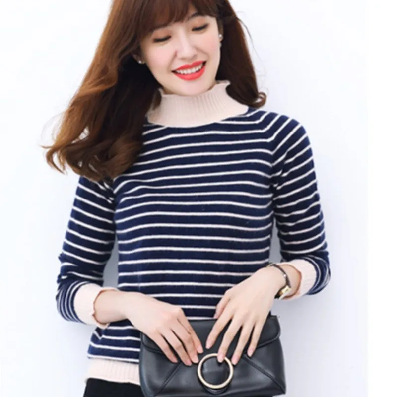 

JECH Women Spring Wool Turtleneck Striped Sweaters Winter Ruffled Collar Pullovers Long Sleeve Fashion Knitted Jumpers Female