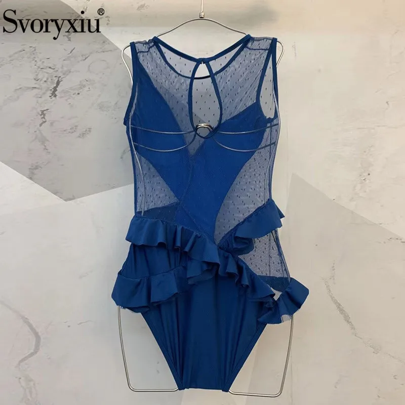 Svoryxiu Mesh Blue One Piece Bodysuit Women's Summer Holiday Sexy Ruffle Bathing Suit Swimwear New