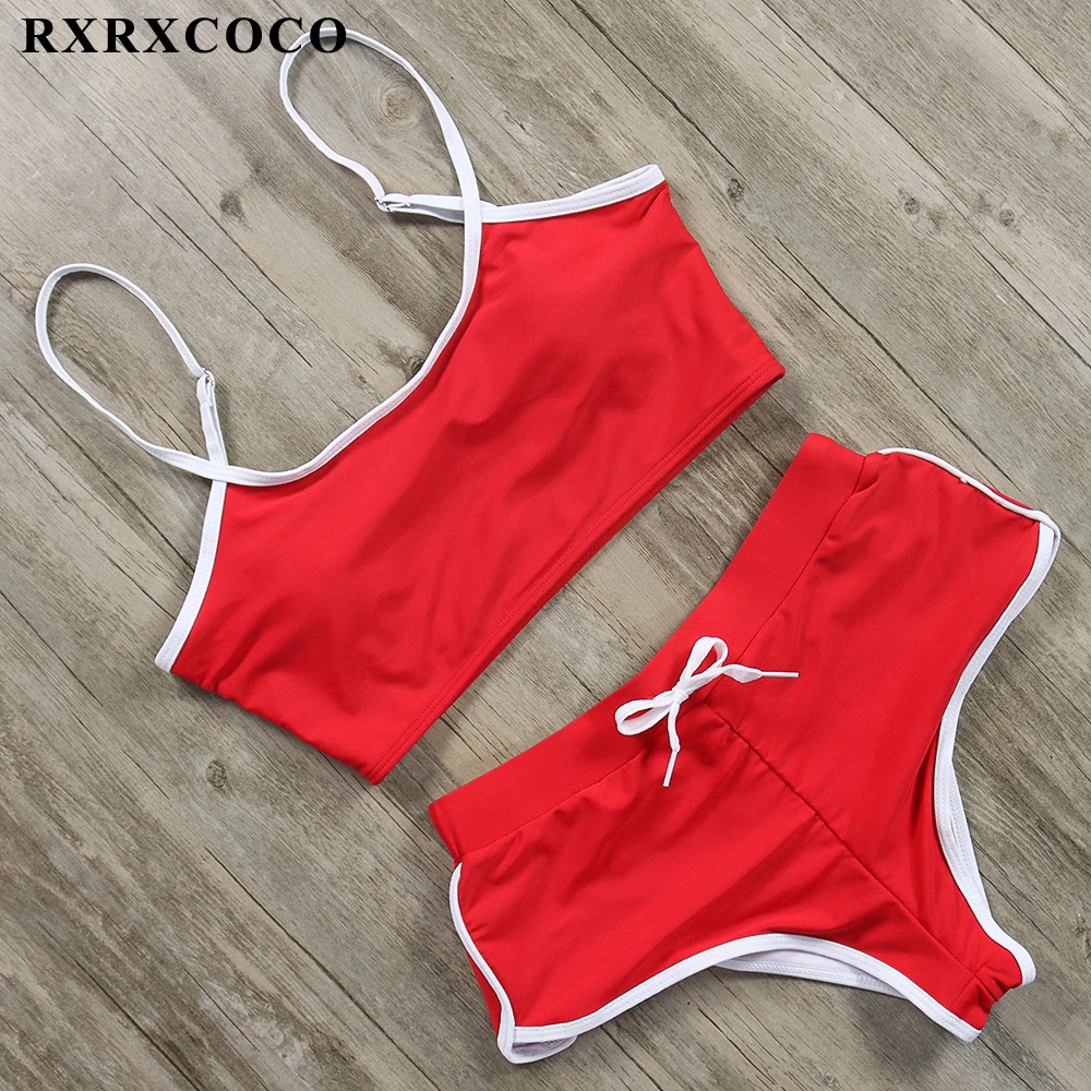 RXRXCOCO, сексуальный спортивный купальник из двух частей, женский купальник, комплект бикини, Одноцветный, высокая талия, купальник, женские летние купальники