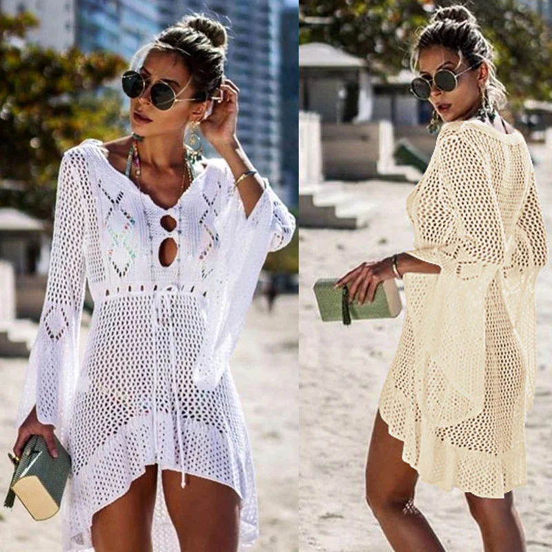 

Zkcenier 2019 Crochet White Knitted Beach Cover Up Dress Tunic Long Pareos Bikinis Cover Ups Swim Cover Up Robe Plage Beachwear