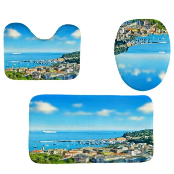 

4Pcs Home Bathroom Decor Set Bathroom Seaside City Pattern Toilet Seat Cover Bath Mat Set+Waterproof Shower Curtainseaside Cit