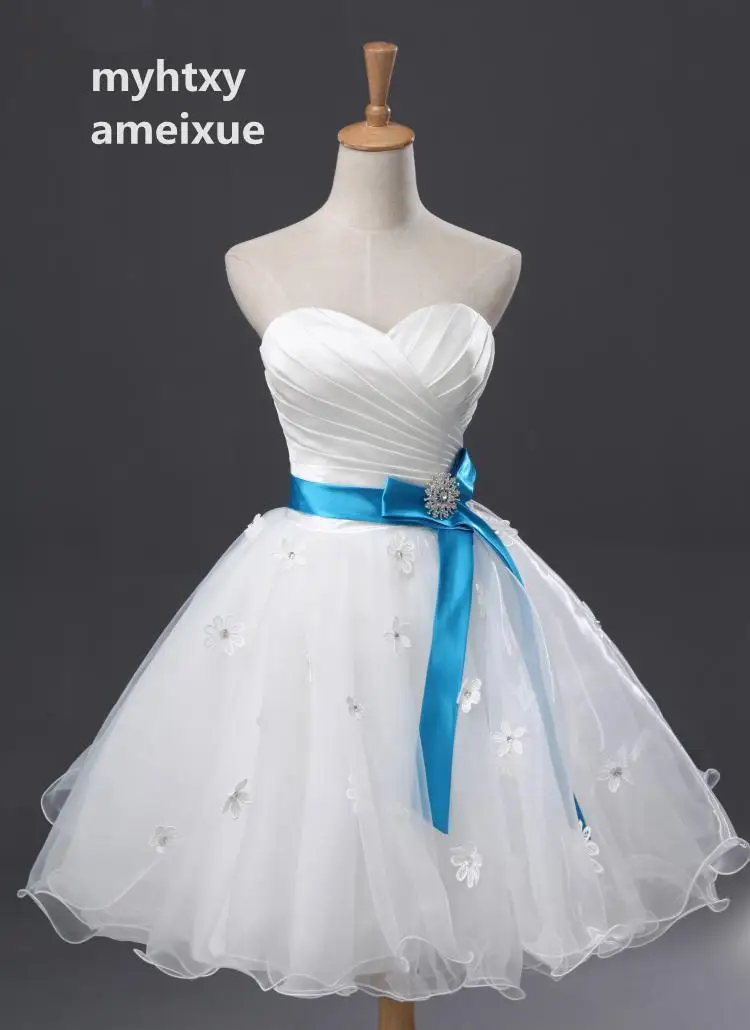 

2017 Blue Sashes Sleeveless Organza Bow Sweetheart Knee-length Lace Up A-line Vestido De Noiva Cheap Short Wedding Dresses