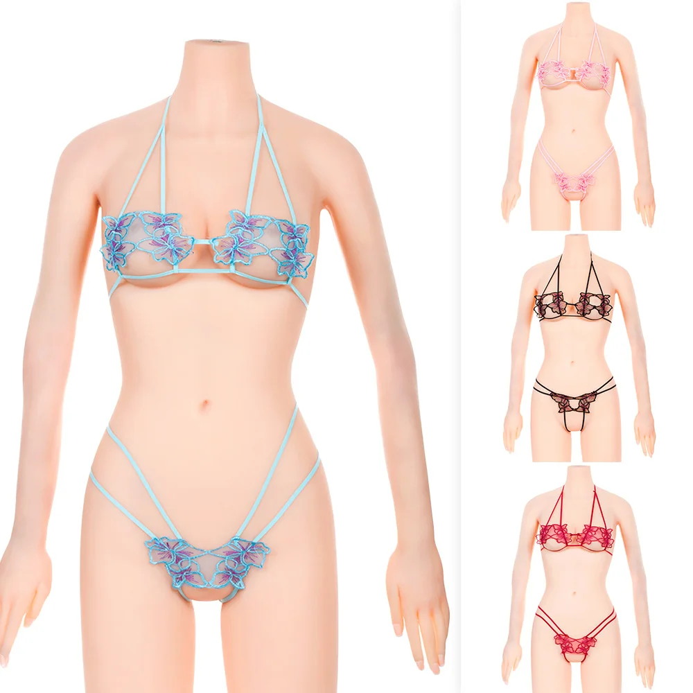 

1set Fashion Women Charming Exotic Perspective Sexy Lace Spandex Polyester Floral Embroidery Lingerie Set Exposed Breast Pajamas