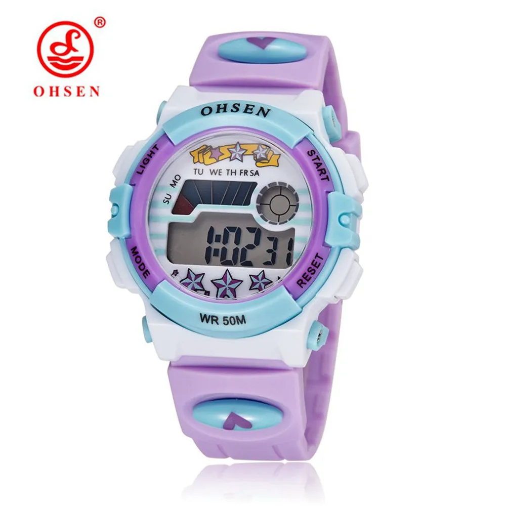 Лучшие продажи Ohsen цифровой бренд кварцевые часы Дети чудесные дети мальчик 50 м водонепроницаемые часы силиконовые ЖК-подсветка Будильник - Цвет: Purple with Elegant