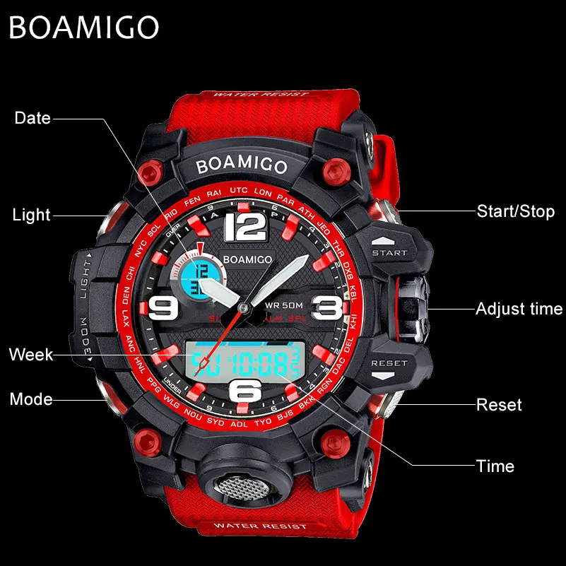 men sport watches BOAMIGO brand LED digital watches military analog quartz watch red rubber strap 50M waterproof reloj hombre 