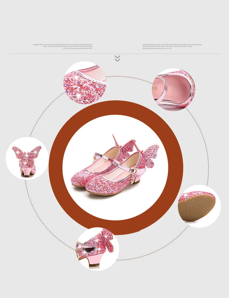 Девичьи на высоком каблуке; детская обувь; модная детская обувь принцессы с блестками; вечерние туфли с бабочками для девочек; обувь для танцев; цвет золотой, розовый, синий, серебристый