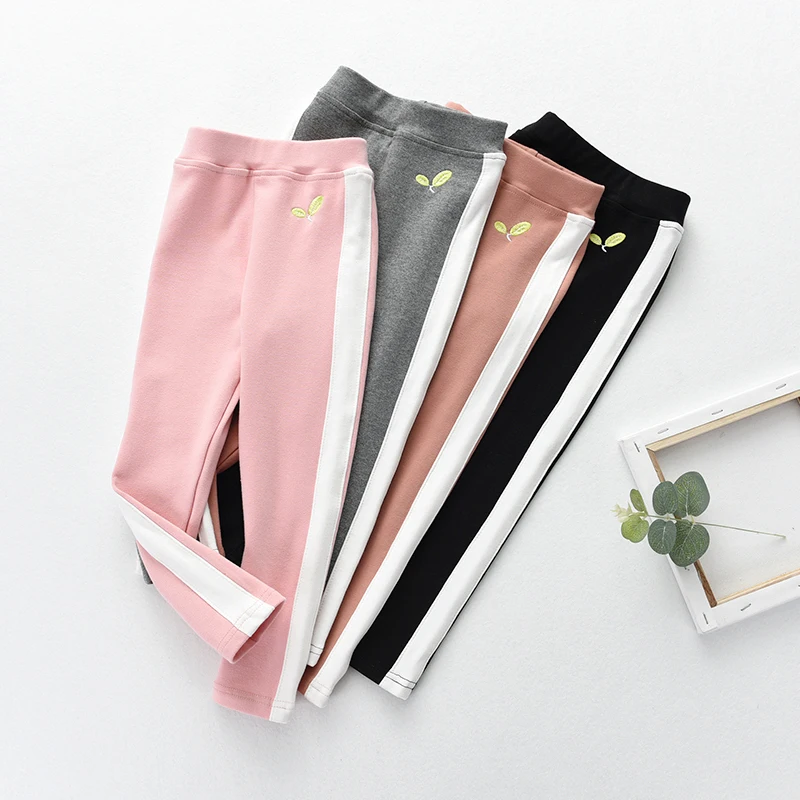 

DZIECKO Baby Kids Leggings Girls Cotton Skinny Pants Embroidery Warm Stretchy Leggings Trousers Autumn Side Striped Leggings