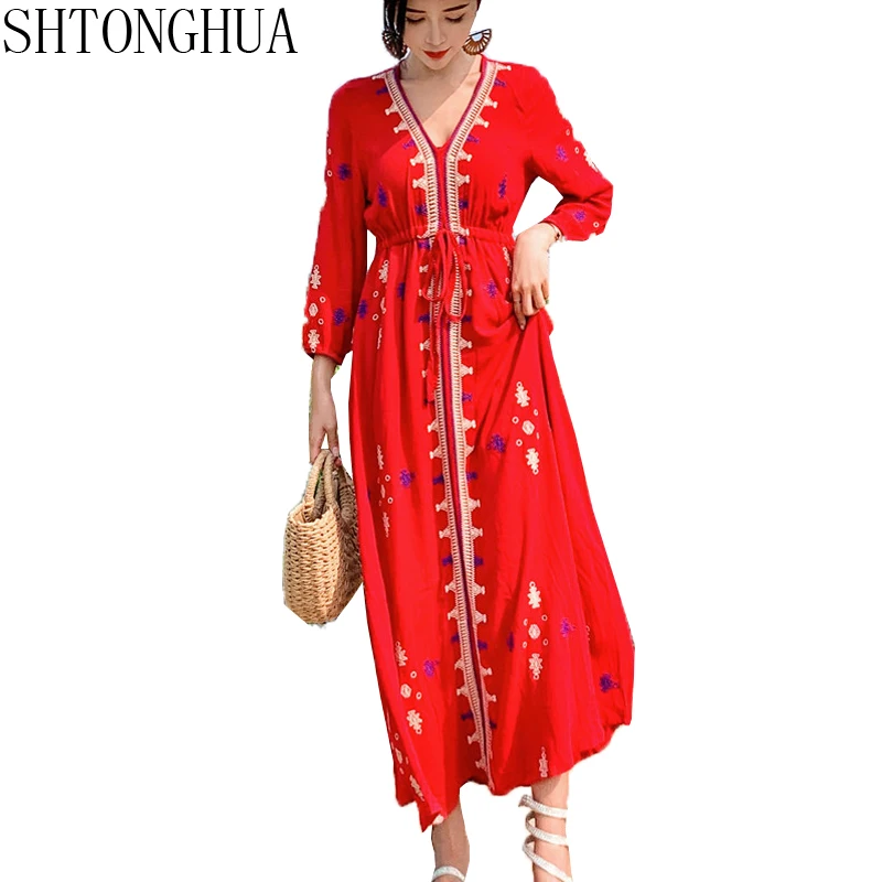 Женское пляжное платье до щиколотки SHTONGHUA красное Праздничное Платье макси с