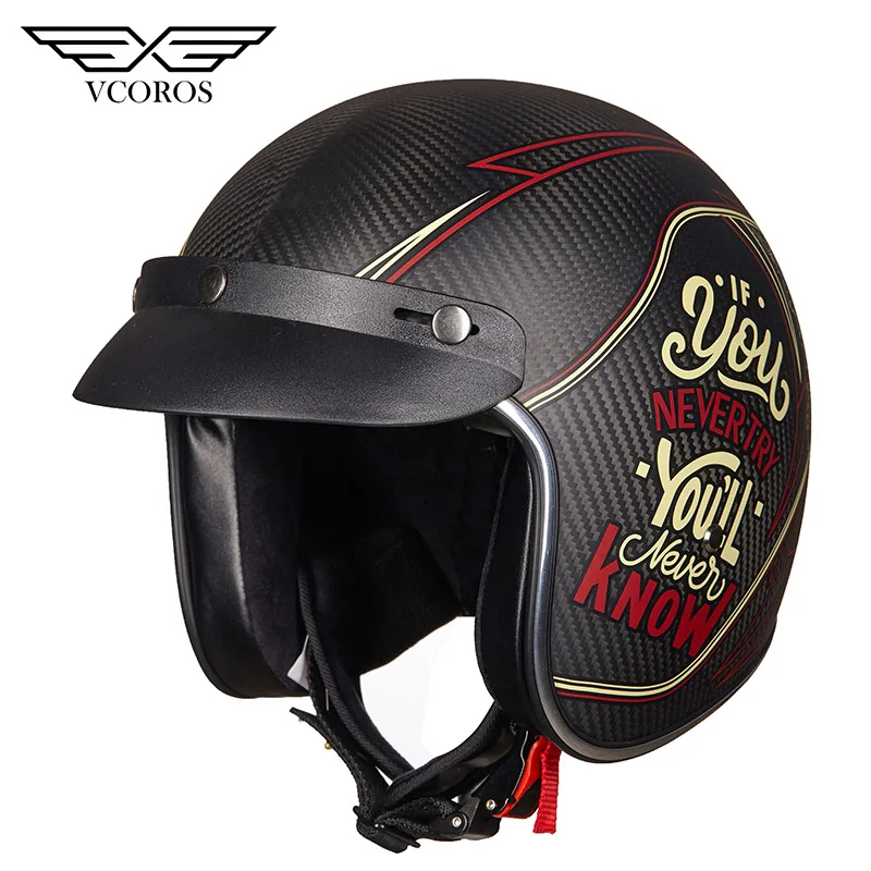 Vcoros, карбоновый Ретро мотоциклетный шлем, с открытым лицом, 3/4, для женщин и мужчин, шлем с козырьком от солнца, для скутера, для мотоцикла, rbike, мотоциклетный шлем - Цвет: 1