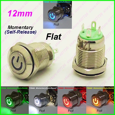 

1PC 12MM Power Start Push Button With LED 12V/24V Momentary Auto Reset Metal Button Switch Indication illuminated Flat head