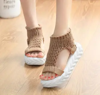

Comfortable Casual Wool Women's Summer gladiator Sandals 2019 New Knit Platform Shoes tong femme Candy Color Wedge Sandalias