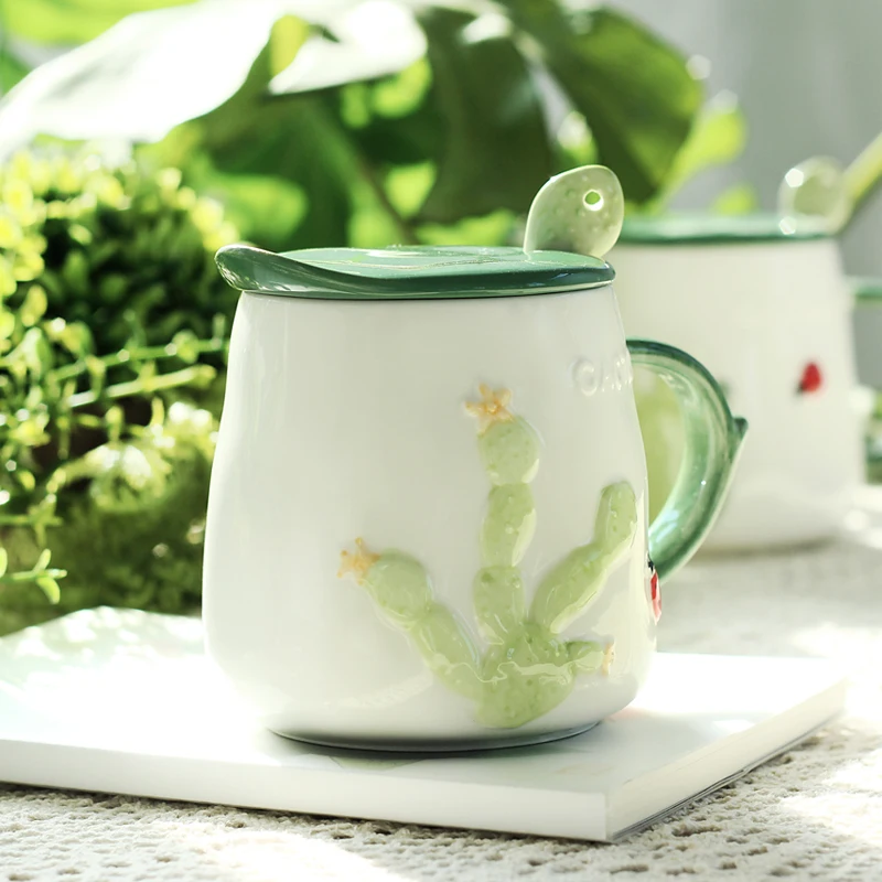 Creative Cactus mug with lid spoon simple and lovely porcelain 3D green plants breakfast milk coffee cup adult couple cup