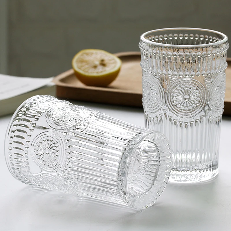 Transparent Glass Cup Sunflower Pattern Embossed Ice Beer Glasses Wine Cups 500ml Large Juice Milk Mug Clear Glassware Drinkware (4)