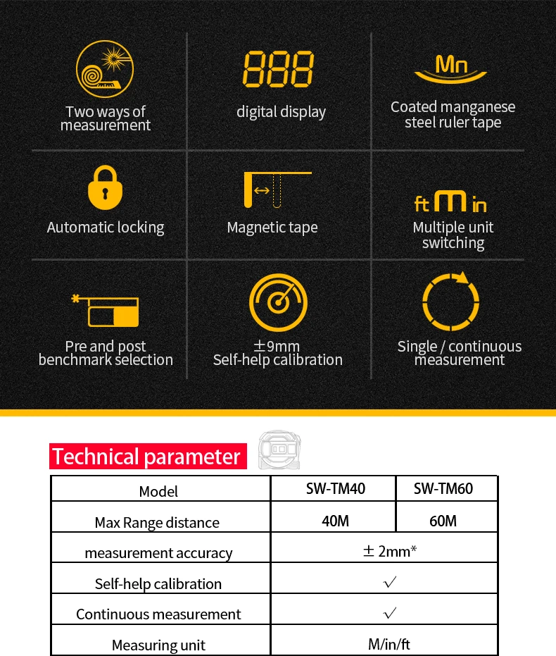 Лазер sndway измеритель расстояния лента дальномер Многофункциональный самоблокирующийся ручной тестер инструмент устройство SW-TM40 SW-TM60
