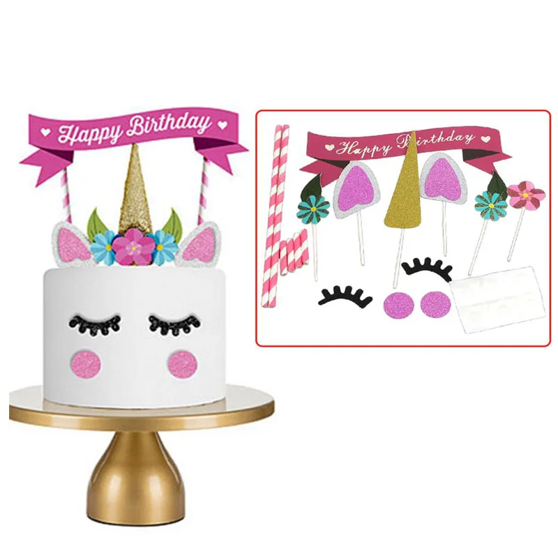 1set pink unicorn horn ears flowers cake topper cupcake decoration