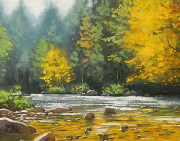 

Yellow Autumn Fall Painting Commissioned River Impressionist Trees Landscape Home Decoration Living Room Wall Pictures l