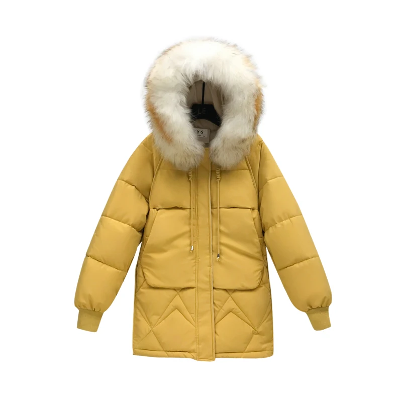 

2019 New Arrival European Style Winter Yellow Down Jacket Women Hooded With Fur Warm Thicken Womens Short Coat 3XL Female Parkas