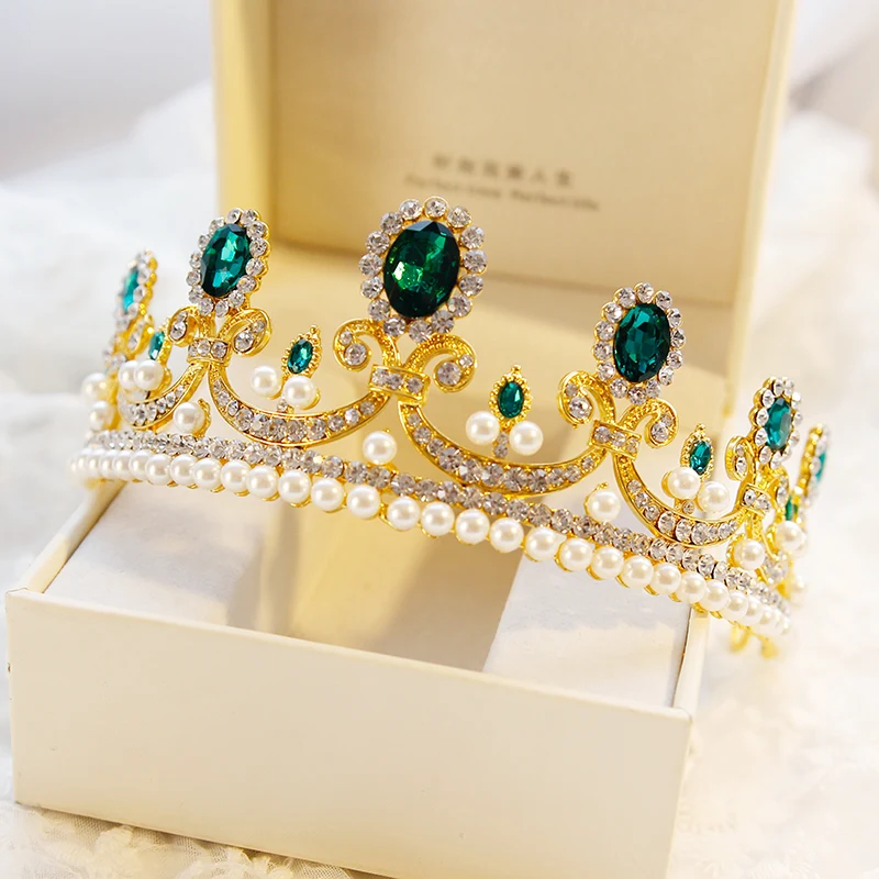 Роскошный зеленый камень Корона ободки для волос для свадьбы мода золотой жемчуг камень проложили Стразы Ювелирные наборы для женщин