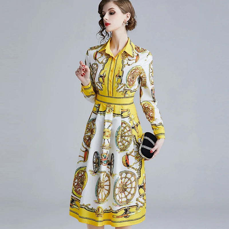 

Female Vintage Dress 2019 Spring Newest Retro A-Line Long Sleeve Print Elegant Designer Midi Baroque Dress Women
