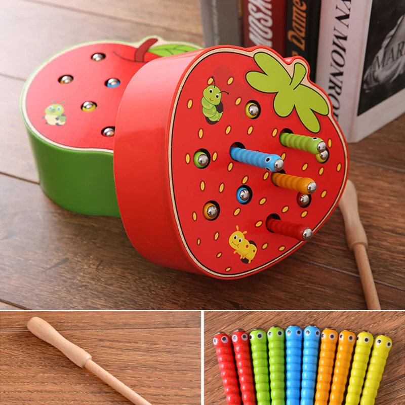 

Kids Wooden Blocks Toys Childrens Early Education Magnetic Stick Catch Worm Matching Game Color Cognitive Magnetic Strawbery Toy