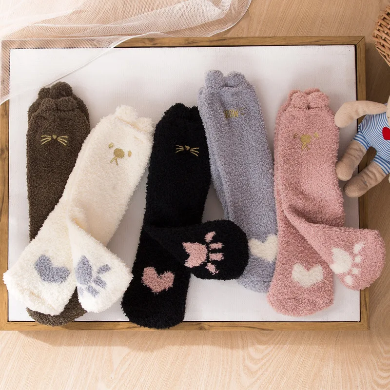 

Cartoon Embroidery Socks Cute Fluffy Woman Japanese Socks Winter Thickening Coral Velvet Floor Socks Female