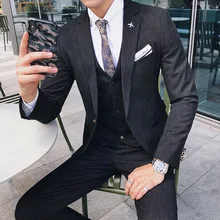 Костюм мужской костюм из трех предметов, темно-полосатый шафер, свадебная Корейская версия тренда, красивый повседневный костюм с брюками