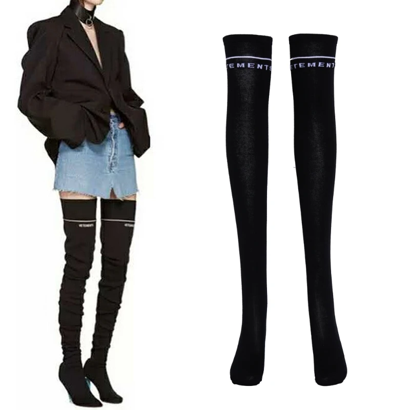 Женские черные длинные носки с буквенным принтом, выше колена, тонкие модные носки