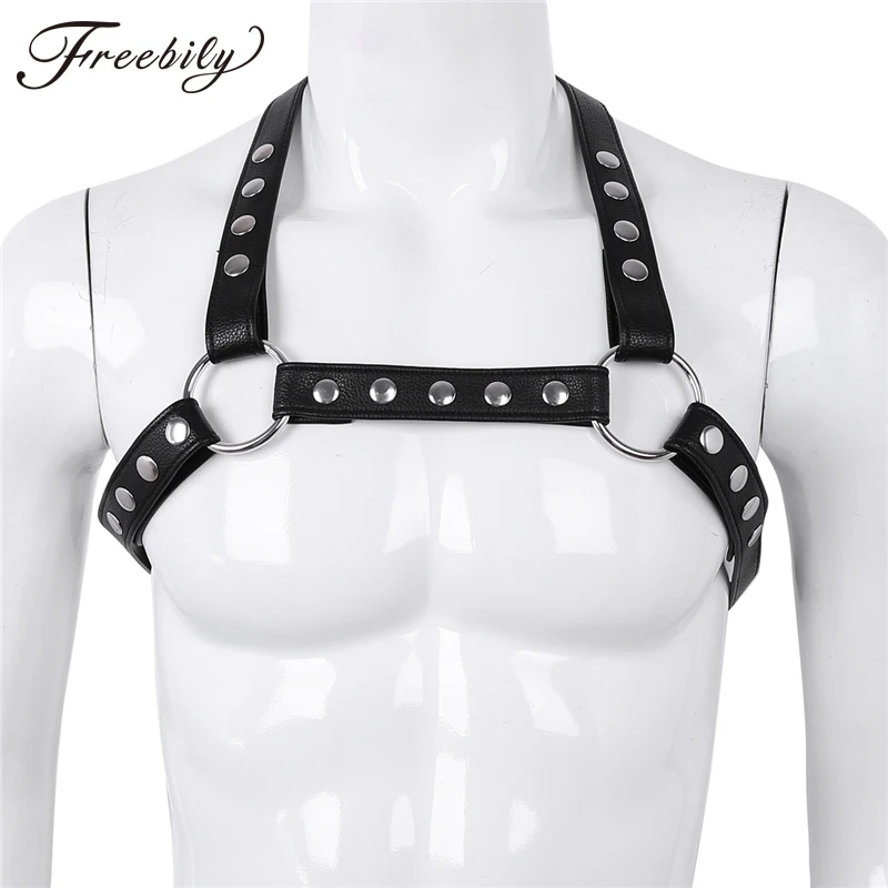 

Mens Adjustable Flexible Faux Leather Back X Shape Body Chest Half Harness Belt with Metal O-Rings Cosplay Club Tank Top