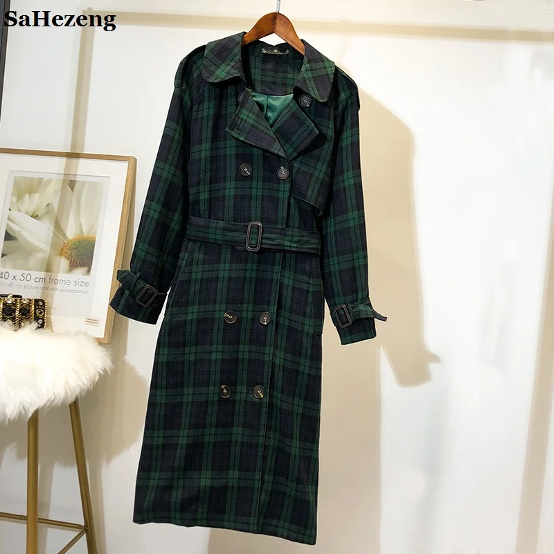 

5XL New Elegant Women Plaid Trench Oversized Coats Double Breasted 2018 Autumn Vintage Belt Outwear Loose Winter Clothing O21-1