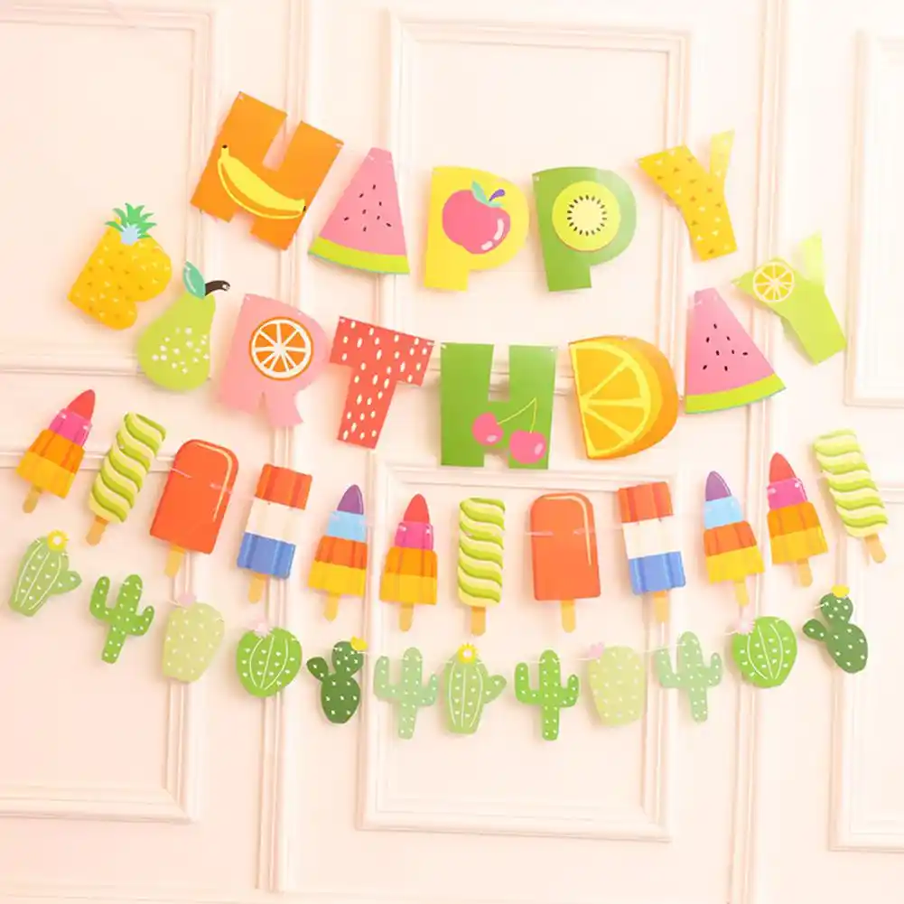 Sommer Thema Obst Kaktus Eis Drucken Glucklich Geburtstag Party Banner Zeichen Fahnen Banner Luftschlangen Konfetti Aliexpress