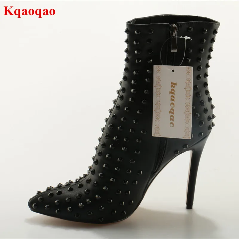 Black Rivet Pointed Toe Leather Women Casual Boots Rivet Embellished Thin High Heel Autuimn Winter Botas Femeninas Sexy Boots