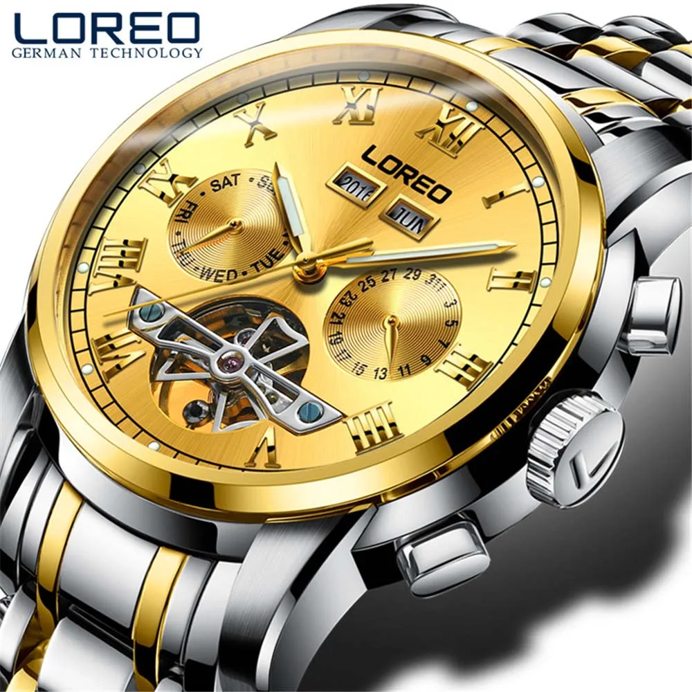 LOREO Brand Swim Men's Tourbillon Mechanical Watches Perpetual Calendar Waterproof Sport Watch Men Watch Clock saat reloj hombre - Цвет: Gold silver