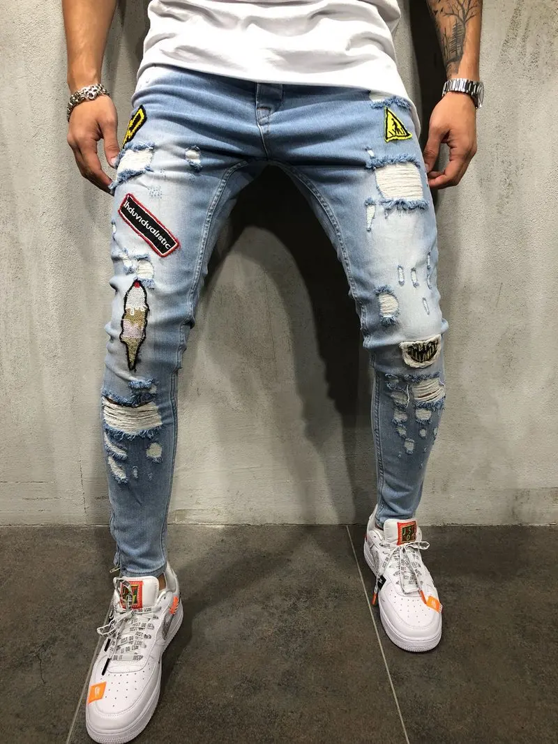 

2019 Fashion New Male hole badge embroidery denim trousers pants Men's streetwear hiphop skinny Casual Patch Jeans