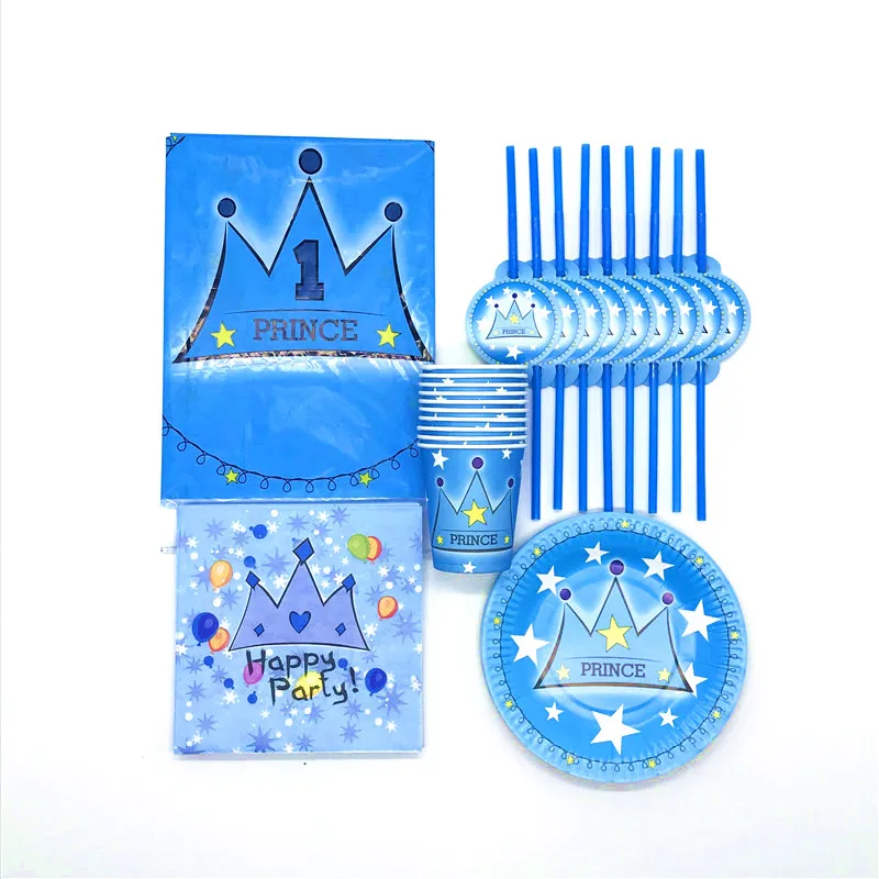 

Decoration Kids Favors Prince Blue brown Paper Cups Plates Baby Tablecloth Napkins Birthday Straws Party Supplies 81pcs\lot