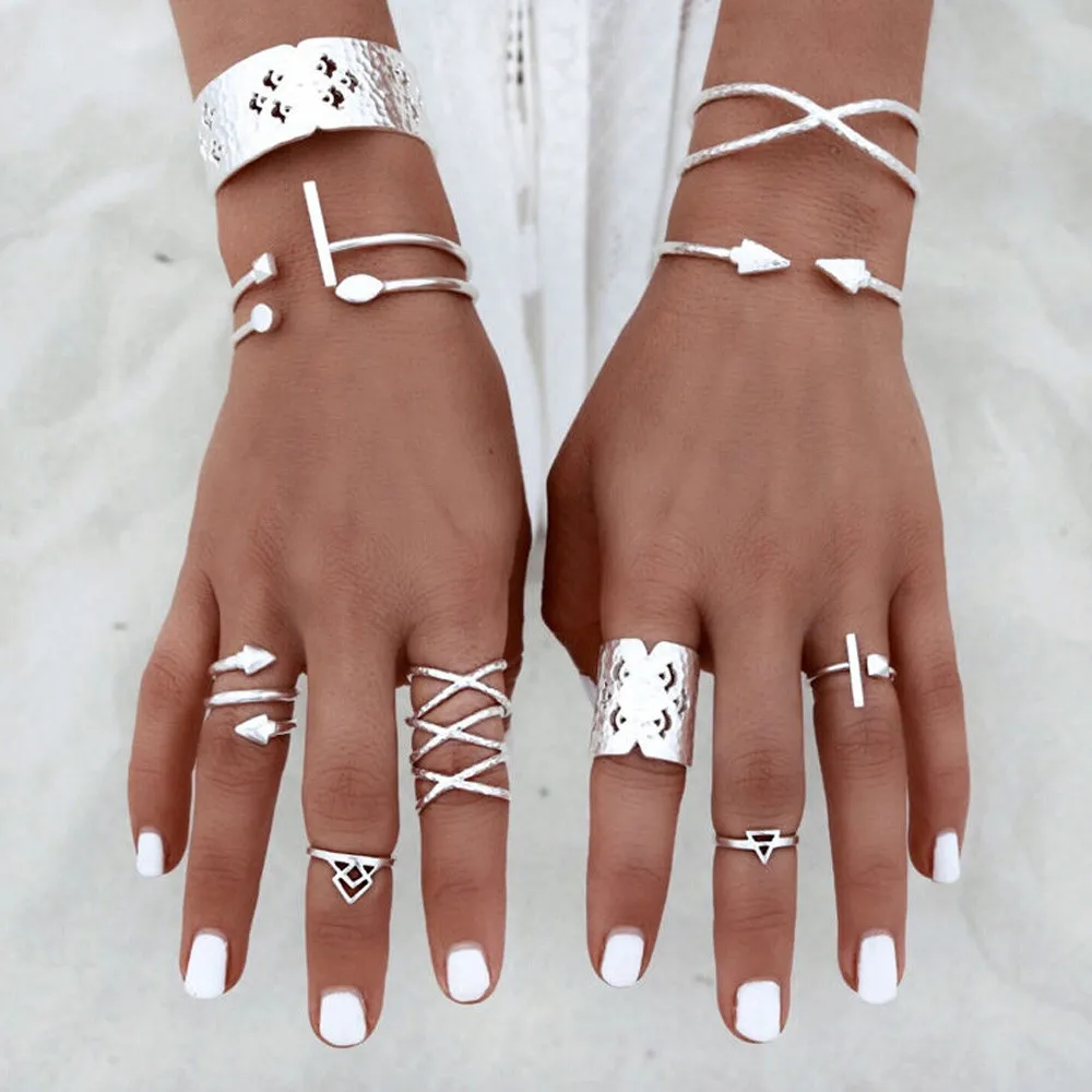 6pcs/Set Women Bohemian Vintage Silver Stack Rings Above Knuckle Blue