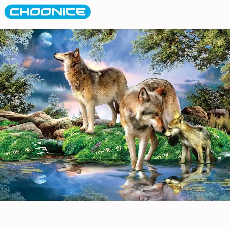Diamond Painting Wolf Family DIY 3D Embroidery Waterside Animals Ribbons Sets Sale Forest Mosaic Drawings | Дом и сад