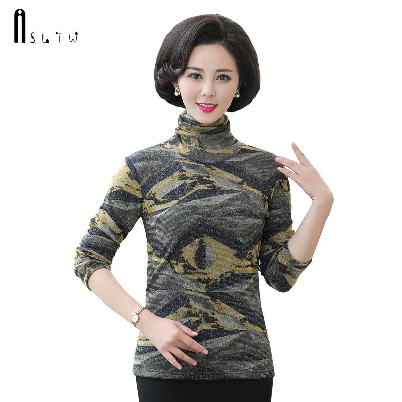 

ASLTW Plus Velvet Bottoming Shirt Women New Winter Turtleneck Warm Top Women Fashion Long Sleeve Geometric Female Tops