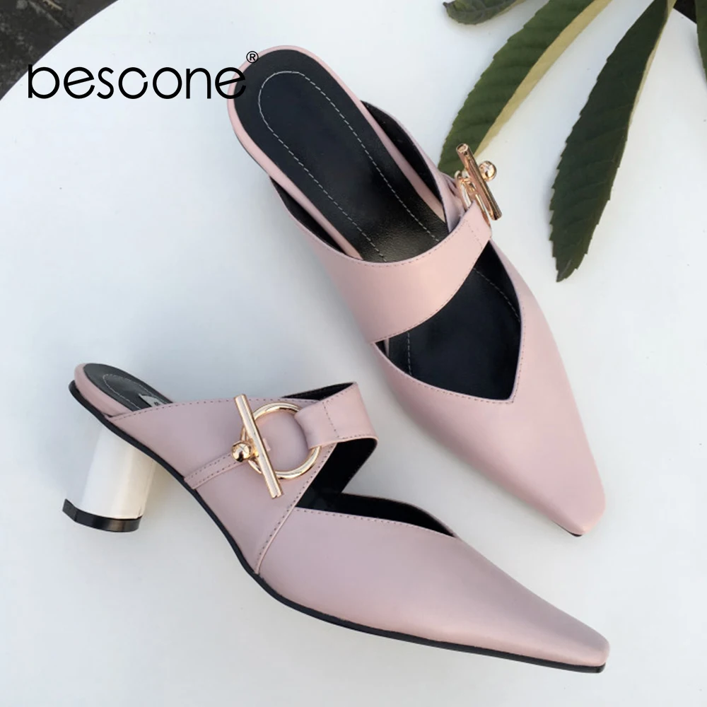 

BESCONE Elegant Mules 5cm Round Heels Square Toe Metal Decoration Mules High Quality Cow Leather Kid Suede Hot Sales Mules BO98