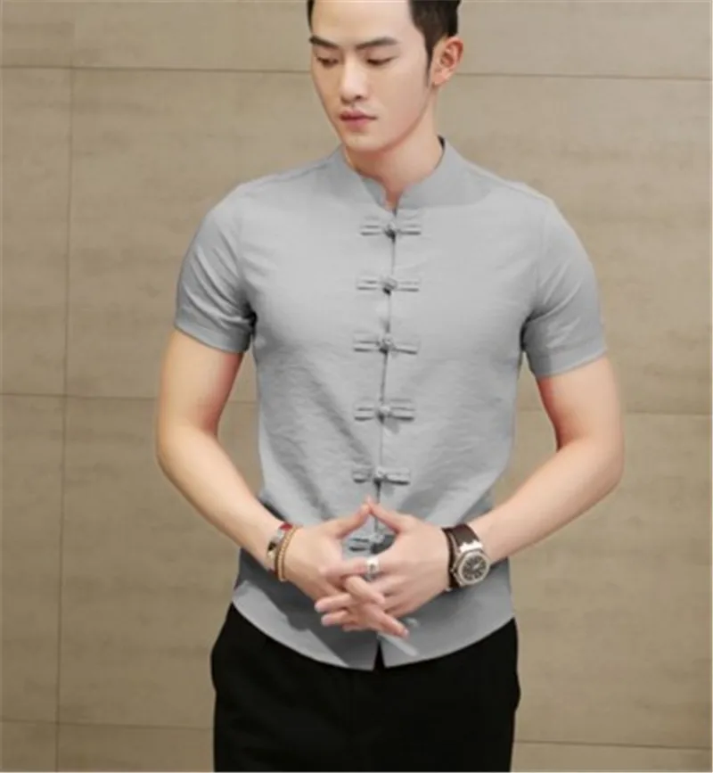 Мужские однотонные рубашки на пуговицах в китайском стиле, рубашка с коротким рукавом, тонкая льняная одежда