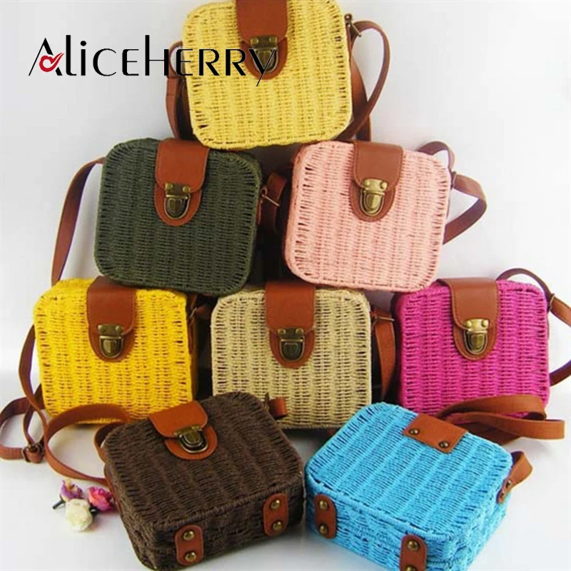 

High quality women's handbags mini summer women messenger bags leather square Straw ladies crossbody Rattan Bag shoulder bags