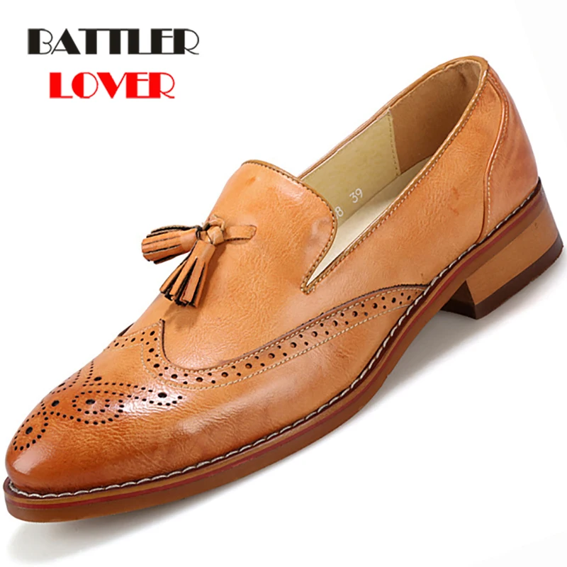 Brogue Shoes Men High Quality Tassel British Style Carved Split Leather Shoes Lace Up Business Office Oxford Footwear Mens Shoes