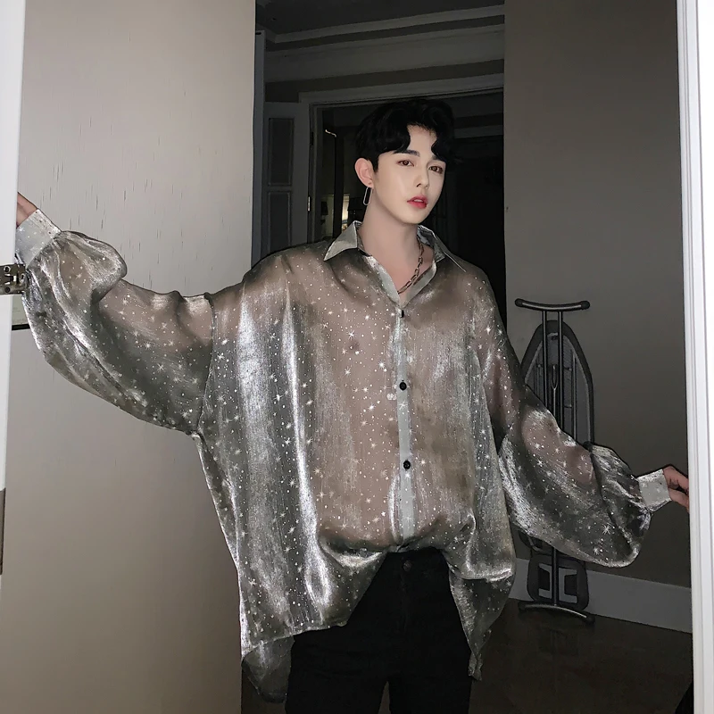 

Men Transparent Oversize Loose Bat Long Sleeve Star Casual Shirts Male Streetwear Hip Hop Punk Gothic Party Night Club Shirt