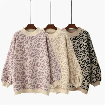 

Vintage Women Leopard Sweater Autumn Winter Fahion Thick Pullover Ladies Harajuku Long Sleeve Round Collar Cute Tops for Female