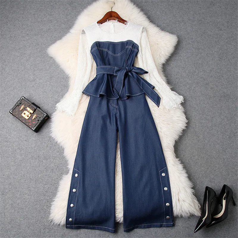 

Elegant Lady Casual Two Piece Set Outfits Top Pants Women 2019 Spring Designers Lace Patchwork Denim Top+Wide Leg Pants Suit Set
