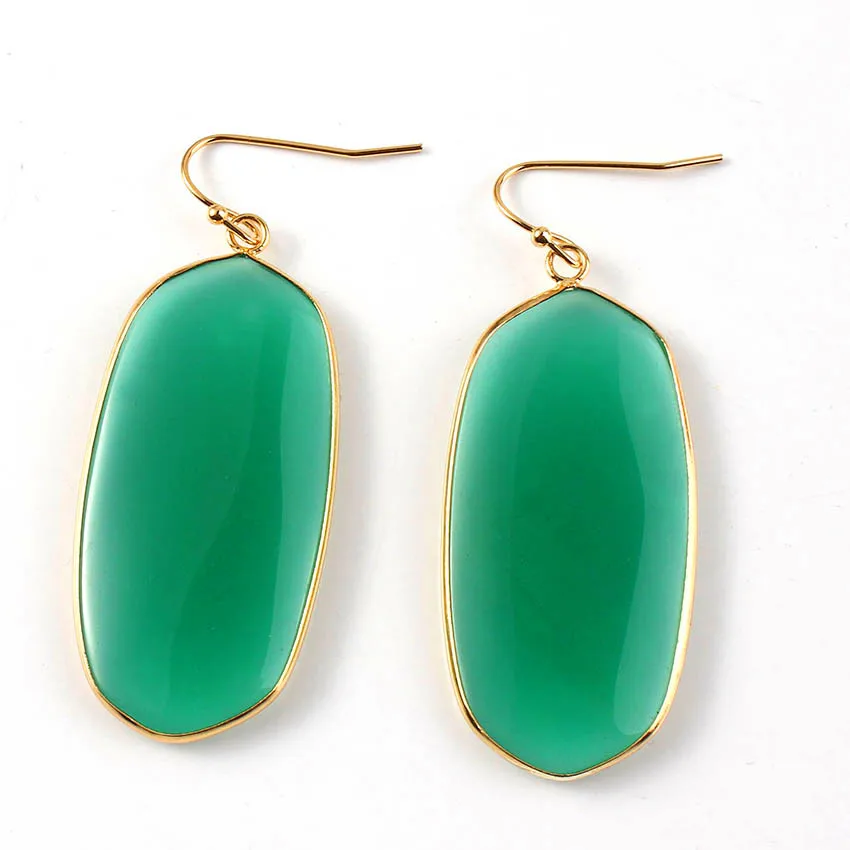

100-Unique Attractive Design 1 Pair Light Yellow Gold Color Oval Shape Earrings Green Agates Elegant Women Earrings