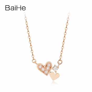 شراءBAIHE الصلبة 18K ارتفع الذهب 0.09CT جولة الماس الطبيعي النساء المشاركة مجوهرات Vintage هدية بسيطة القلب قلادة القلائد